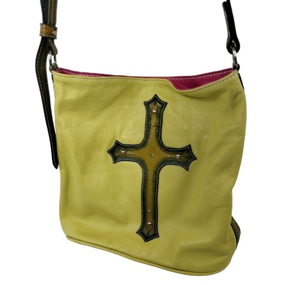 Leather Purse with Studded Religious Cross Crossbody Bag Chartreuse Yellow - Picture 2 of 13